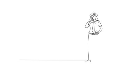 Poster - Self drawing animation of single one line draw female pilot stands with call me gesture and complete uniform serves airplane passengers fly to destination. Continuous line draw. Full length animated.