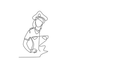 Poster - Self drawing animation of single line draw female pilot with call me gesture, full uniform ready to fly with cabin crew in aircraft at international airport. Continuous line draw. Full length animated