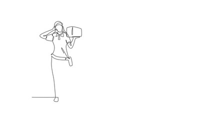 Poster - Animated self drawing of single continuous line draw deliverywoman stands with call me gesture carrying package box that customer order to be delivered safely. Full length one line animation.