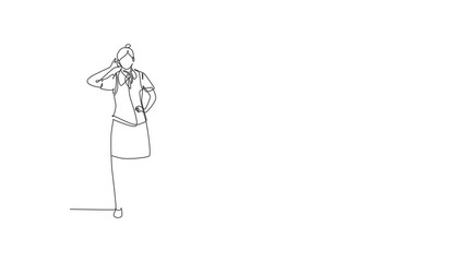 Poster - Animated self drawing of single continuous line draw flight attendant stands with call me gesture, uniform, prepare at airport with crew flying to their destination. Full length one line animation.