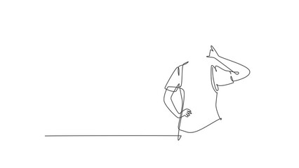 Poster - Self drawing animation of single line draw flight attendant with call me gesture ready to serve airplane passengers in friendly, warm manner. Success person. Continuous line draw. Full length animated