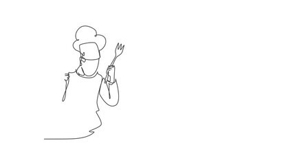 Canvas Print - Self drawing animation of single line draw chef, celebrate gesture, holding fork, wearing cooking uniforms is ready to cook meals for guests at restaurants. Continuous line draw. Full length animated.