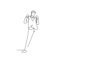 Wall Mural - Animated self drawing of single continuous line draw steward stands with celebrate gesture and uniform prepare at airport with the crew flying to their destination. Full length one line animation.