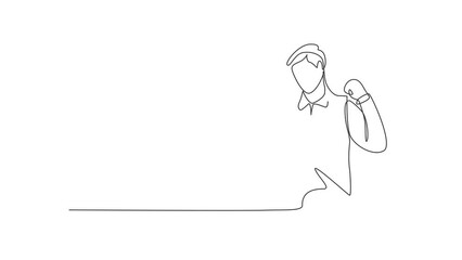 Poster - Animated self drawing of continuous line draw steward with celebrate gesture ready to serve airplane passengers in a friendly and warm manner. Professional person. Full length single line animation.