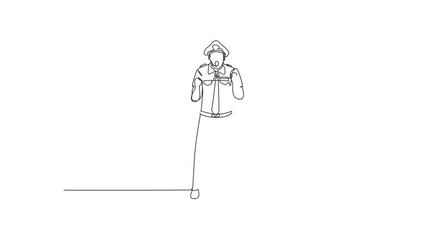 Poster - Animated self drawing of continuous line draw pilot stands with celebrate gesture and complete uniform serves airplane passengers fly to destination. Success person. Full length single line animation.