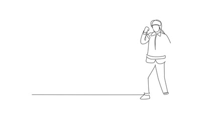 Poster - Self drawing animation of single one line draw firefighter stood with celebrate gesture, wearing helmet and full uniform work to extinguish fire at building. Continuous line draw. Full length animated