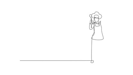 Poster - Self drawing animation of single line draw chef stands with celebrate gesture, holding spoon and wearing apron prepares ingredients to cook the best dishes. Continuous line draw. Full length animated.