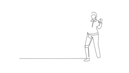 Poster - Animated self drawing of single continuous line draw female firefighter stood with celebrate gesture, wearing helmet and uniform work to extinguish fire at building. Full length one line animation.