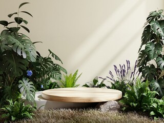 Circle wooden plinth in tropical forest for product presentation and cream color background.