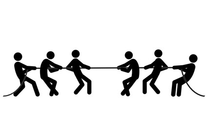 Set of stick figures tug of war, flat vector illustration.