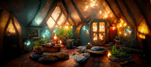 Spectacular Picture Of Interior Of A Fantasy Medieval Cottage, Full With Plants Furniture And Enchanted Light. Digital Art 3D Illustration.
