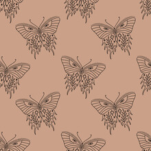 Hippie Bohemian Groovy Funky Butterfly In 1960s Boho Psychedelic Style. Vector Clipart Seamless Pattern Repeat Illustrations. Unique Hand Drawn Template Design.