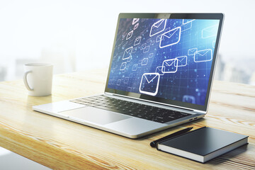 Poster - Creative concept of postal envelopes illustration on modern laptop screen. Email and communications concept. 3D Rendering