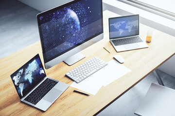 Poster - Modern computer monitor with abstract digital world map, research and strategy concept. 3D Rendering