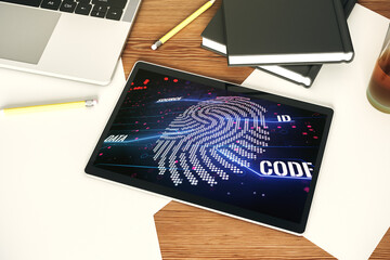 Wall Mural - Abstract creative fingerprint concept on modern digital tablet screen. Top view. 3D Rendering