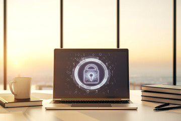 Poster - Computer monitor with creative light lock illustration and microcircuit, cyber security concept. 3D Rendering