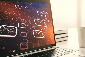 Poster - Modern computer monitor with postal envelopes hologram. Electronic mail and spam concept. 3D Rendering