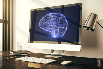 Poster - Creative artificial Intelligence concept with human brain sketch on modern laptop monitor. 3D Rendering