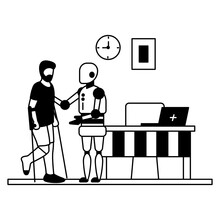 Robot Physical Therapist Helps People Walk Again After A Stroke Concept Vector Icon Design, Robotic Medicine Symbol, Healthcare Scene Sign, Innovation Artificial Intelligence Works In Modern Clinic