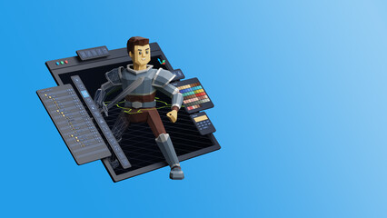 Fototapete - Game design development create characters animate pose 3d graphics artwork.Video game designer developer Creative software. 3d rendering.