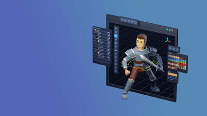 Fototapete - Game design development create characters animate pose 3d graphics artwork.Video game designer developer Creative software. 3d rendering.