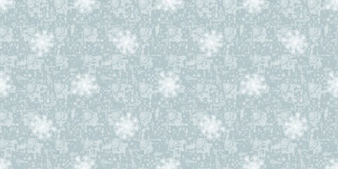 Wall Mural - Soft ice blue snow flake border pattern background. Simple minimal frost blur effect seamless banner backdrop. Festive cold holiday season ribbon trim edge.