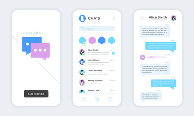 Poster - Chat app. Text messaging mobile application UI. Online messaging, live chat app mockup, templates set. Vector concept