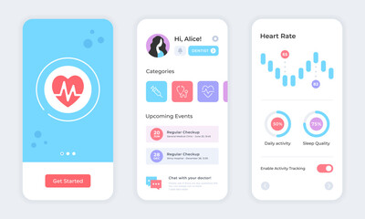 Poster - Health app. Fitness app for mobile phone, health tracking, medical application design. UI screens, UX templates set. Healthcare mobile app mockup. Vector concept