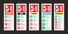 Fire Extinguisher Id Sign Vector Sticker Set. Water, Co2, Foam, Powder And Wet Chemical Labels Isolated On Black Background.