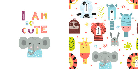 Wall Mural - Seamless pattern and print with cute jungle animals. Greeting card and wrapping paper set. T-shirt print and kids fabric design. Vector illustration