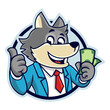wolf mascot giving thumbs up with money in vector 