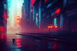 Empty cyberpunk city. Digital painting of futuristic building. CItyscape at night. Metropolis, neon lighting. Dystopic sad environement. Digital painting, art wallpaper. Technology, city skyline