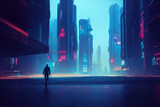Fototapeta Londyn - Man walking in a cyberpunk city. Digital painting of a lonely futurstic environment. Huge building, neon lighting. Illustration of modern blue cityscape. Dystopic urban wallpaper. Landscape background