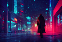 Hooded Man Walking In Futuristic City. Rainy Cityscape. Cyberpunk, Neon Buildings. Lonely, Sad Feeling. Empty Streets. Digital Painting Of Dystopic Futur. 