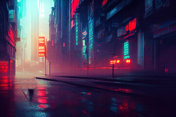 Wall Mural - empty cyberpunk city. digital painting of futuristic building. cityscape at night. metropolis, neon 