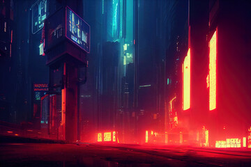 Wall Mural - empty cyberpunk city. digital painting of futuristic building. cityscape at night. metropolis, neon 