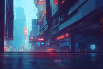 Wall Mural - empty cyberpunk city. digital painting of futuristic building. cityscape at night. metropolis, neon 