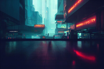 Wall Mural - empty cyberpunk city. digital painting of futuristic building. cityscape at night. metropolis, neon 