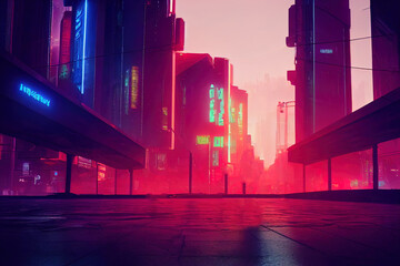 Wall Mural - empty cyberpunk city. digital painting of futuristic building. cityscape at night. metropolis, neon 
