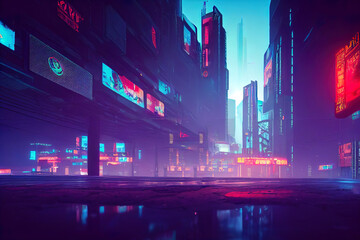 Wall Mural - empty cyberpunk city. digital painting of futuristic building. cityscape at night. metropolis, neon 