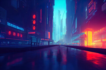 Wall Mural - empty cyberpunk city. digital painting of futuristic building. cityscape at night. metropolis, neon 