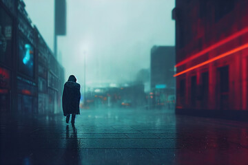 Wall Mural - hooded man walking in futuristic city. rainy cityscape. cyberpunk, neon buildings. lonely, sad feeli