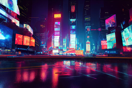 Wall Mural -  - Empty time square. Futuristic, cyberpunk illustration. New york at night. Digital painting of city landmark. Abstract street painting. 