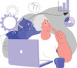 An older woman works as a freelancer. Vector illustration of remote work. A woman is working on a project. Elderly people work from home