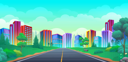 Wall Mural - Empty Highway to city with colorful skyscrapers and beautiful summer landscape, green hill, bush and trees cartoon illustration