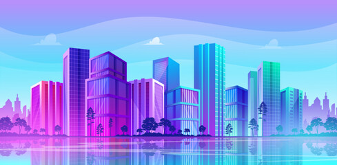 Wall Mural - Modern city panorama with Reflections in water, bright colorful downtown buildings, office, apartment or school vector illustrations