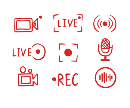  Set hand drawn live streaming doodle icons. Video broadcasting Button, red symbols. TV, news, shows