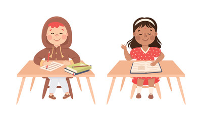 Sticker - Little Boy and Girl Pupil Sitting at Table with Book Engaged in Elementary Education Vector Set