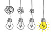 Simplifying the complex, confusion clarity or path vector idea concept with lightbulbs doodle illustration