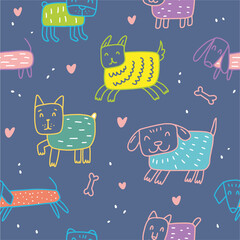 Wall Mural - Hand-drawn pattern of cute dogs. Vector illustration of a collection of dogs drawn in the style of doodles.